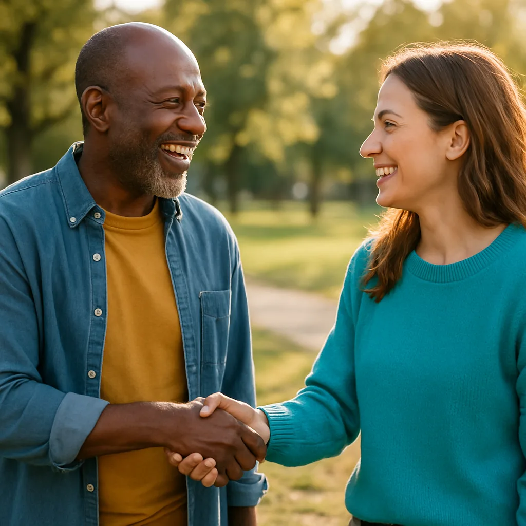 Two people meeting at a local park — genuinely local Lancashire dating