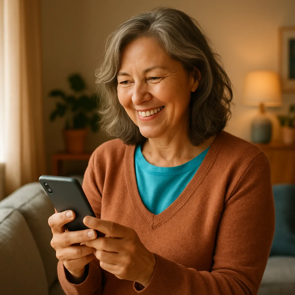 Smiling woman confidently checking her phone — verified profiles on The Lancashire Dating Site